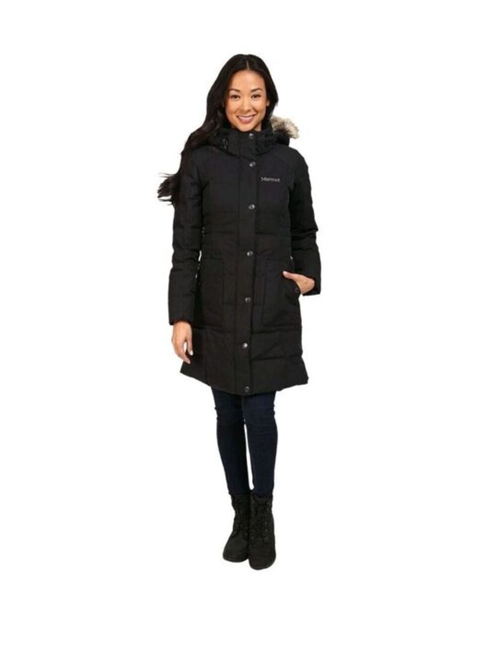 Size S - Marmot Clarehall Black Fur-Trim Hooded Down Jacket